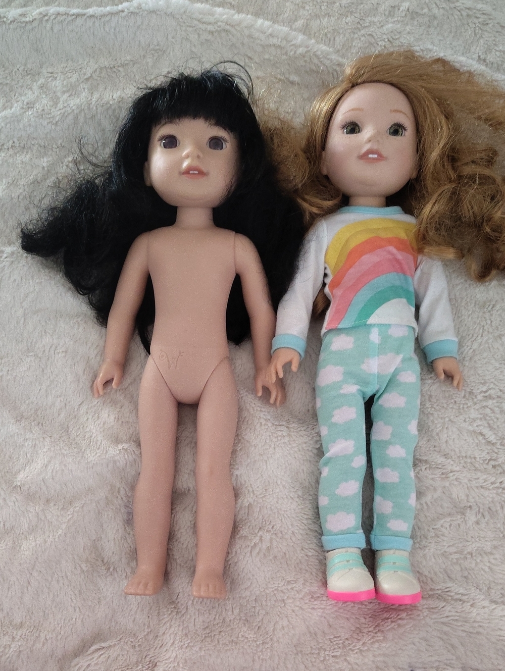 American Girl Blonde Doll with Rainbow Outfit & Brunette Doll